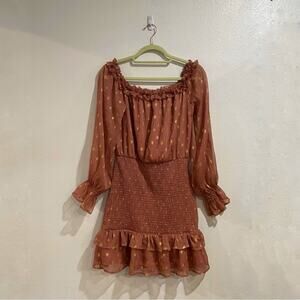 Aeom Dusty Pink Polka Dot Smocked Long Sleeve Mini Dress Sz M